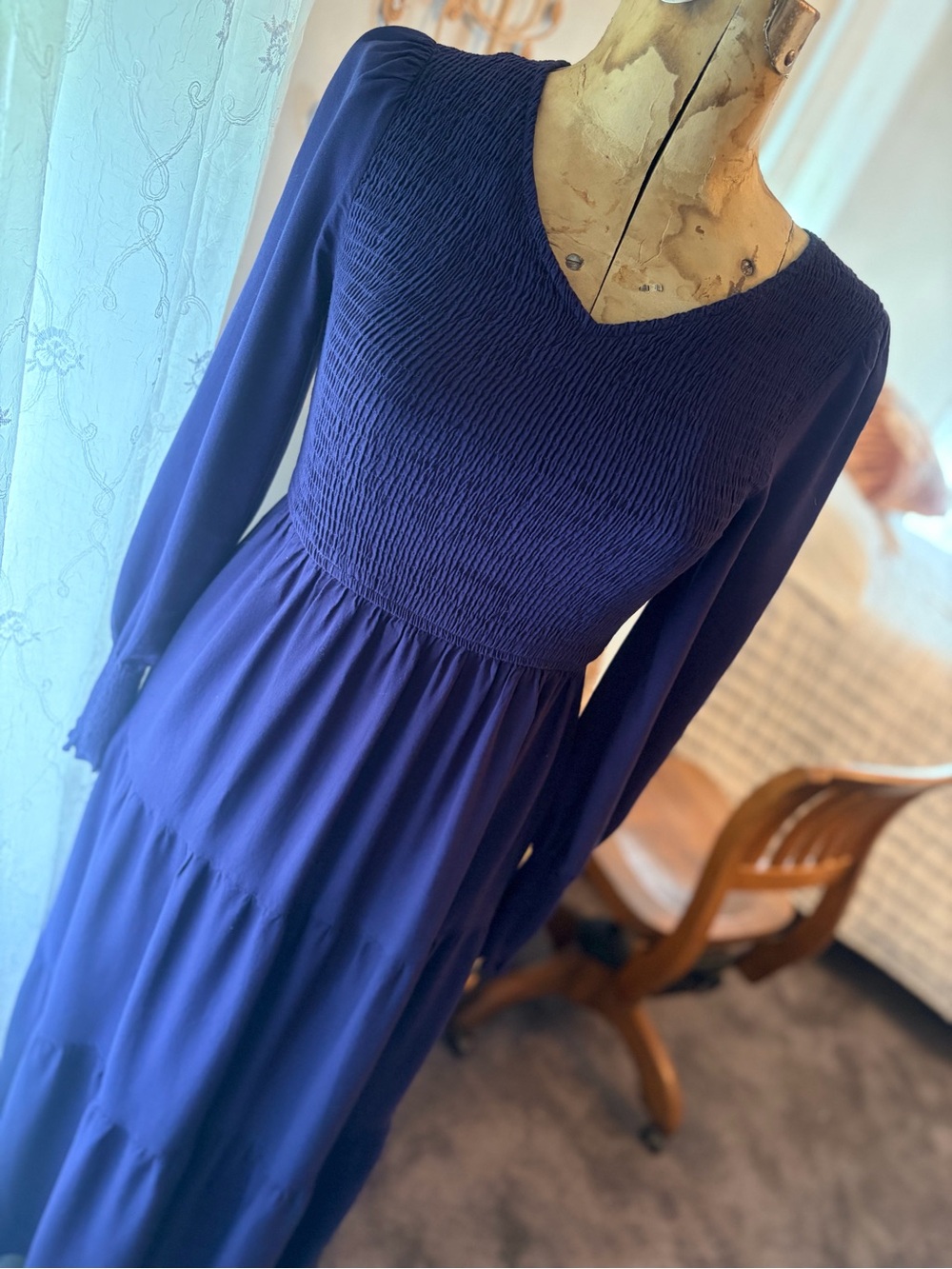 Zesica Long Sleeve Smocked Tiered Maxi Dress - Navy